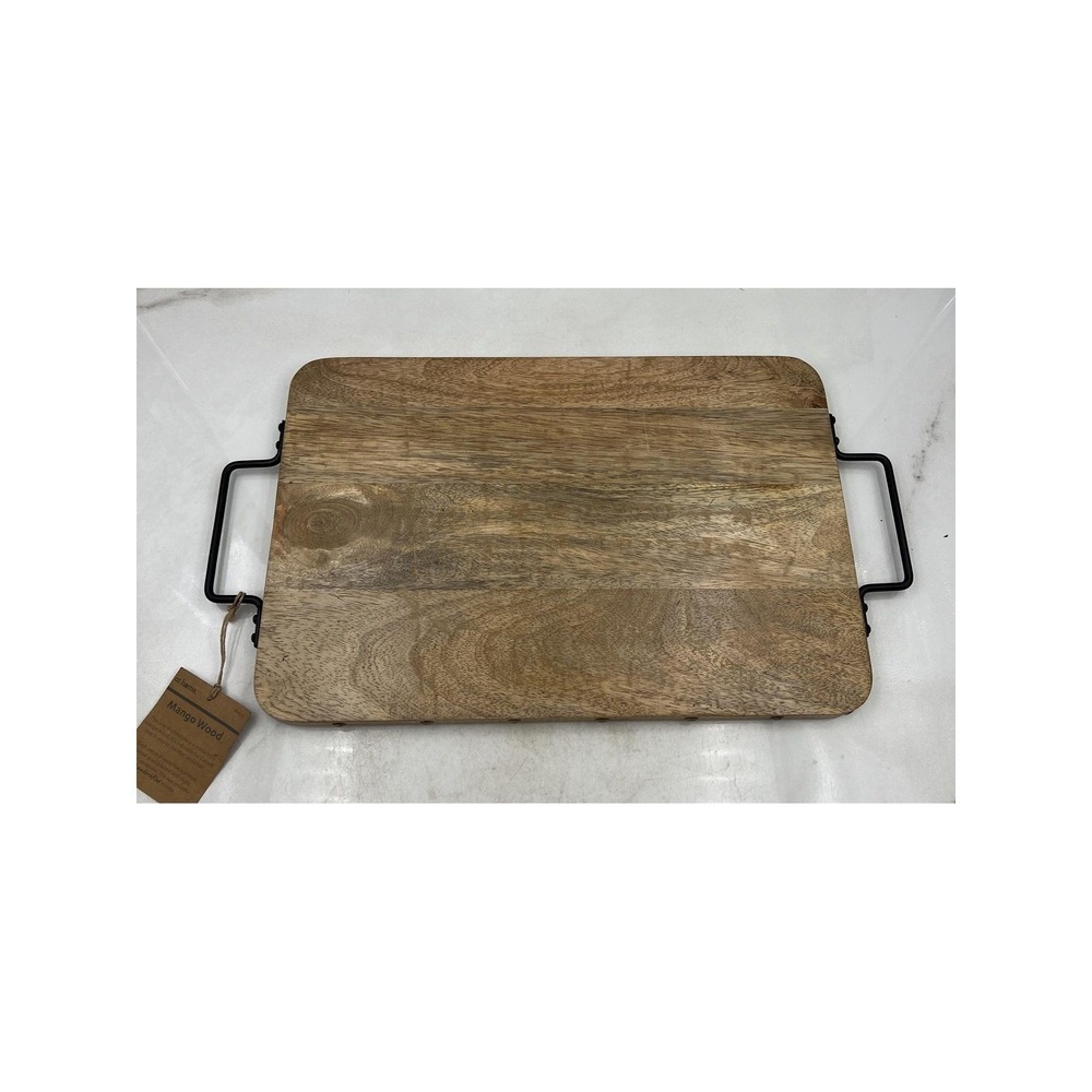 At Home Mango Wood Serving Tray Cutting Board Black Metal Handles Handcrafted